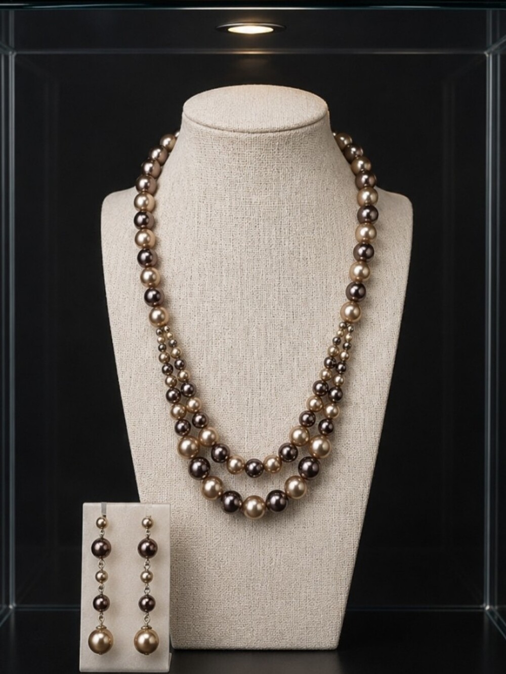 RMN Roman Faux Pearl Brown Champagne Necklace and Earrings Set Silver Tone EUC